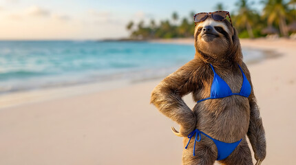 Fototapeta premium Funny sloth in blue bikini and sunglasses relaxing on tropical beach with copy space