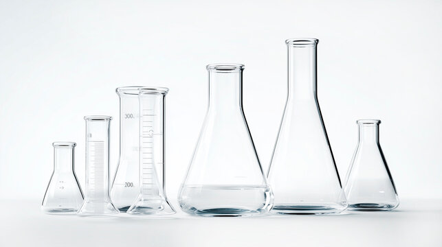 Collection of professional laboratory glass flasks and beakers on a white background.