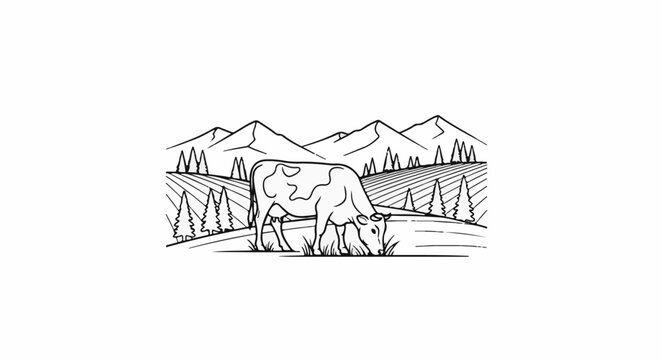 A cow grazes in a field with trees and mountains behind