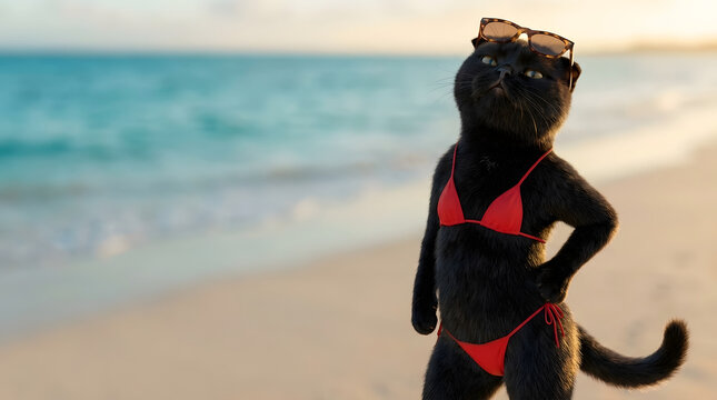 Funny black Scottish Fold cat in red bikini and sunglasses on tropical beach with copy space