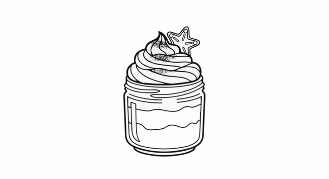 A creamy dessert in a glass jar, topped with whipped cream and a star cookie