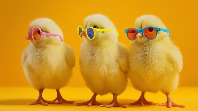 Three adorable baby chicks wearing colorful sunglasses on yellow