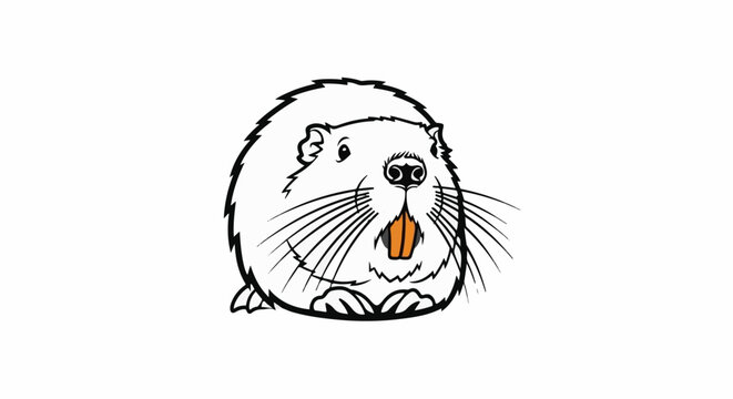 A cartoon rodent with large orange front teeth and whiskers
