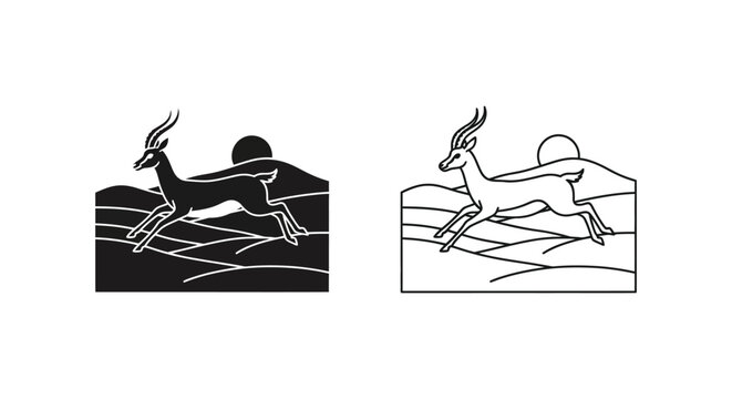 Minimalist gazelle logo set, jumping antelope in savanna landscape, black and white wildlife vector icons for branding and outdoors apparel