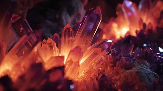 Glowing quartz crystals illuminated with warm orange light
