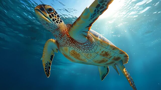 Majestic Sea Turtle Swimming Through Tropical Ocean Sunlight