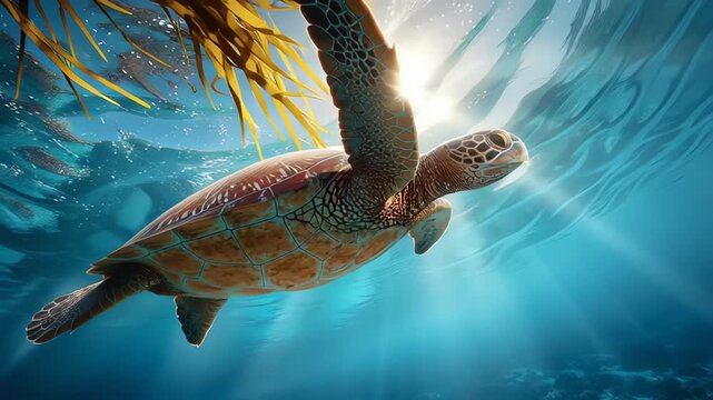 Sea Turtle Swimming in Blue Ocean with Sunlight Rays Underwater
