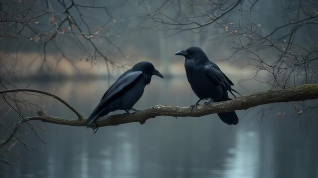 Two Ravens Perched on a Branch in a Misty Forest