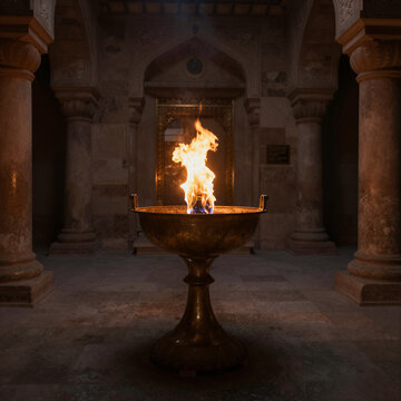 Interior of a Zoroastrian Fire Temple with Central Eternal Flame in Chiaroscuro Lighting Style