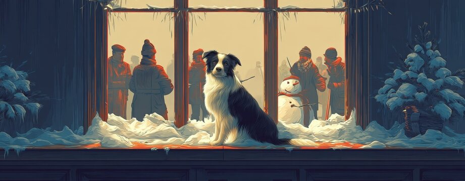 Storytelling with Dog Cozy winter scene with a border collie sitting indoors near large window with snowy outdoor landscape bedtime storytelling kids dog bedroom