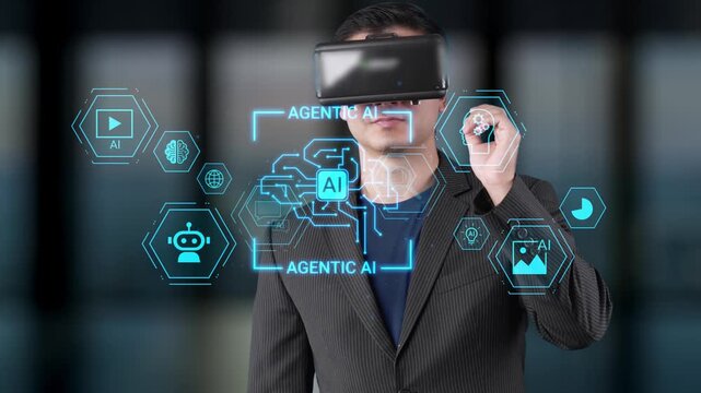 Professional man using virtual reality headset, showcasing futuristic interface with artificial intelligence elements in a modern workspace setting Gluon.