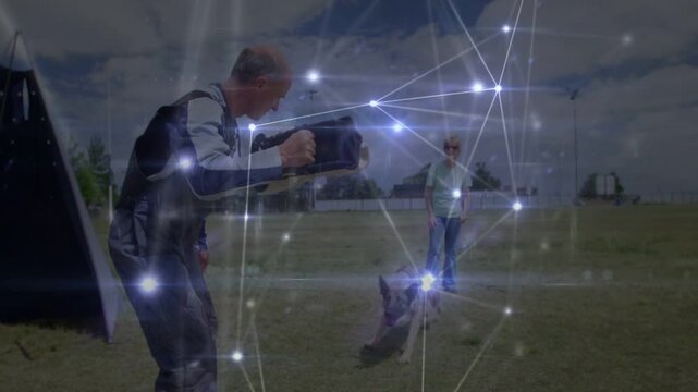 Trainer bracing bite sleeve training while handler releasing dog, biting, pivoting, overlay flaring