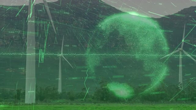 Vertical video: Data stream initiating hologram expanding over wind farm, showing power charts