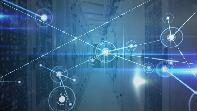 Vertical video: Central node glowing and sending lines to nodes, mapping network flow across racks