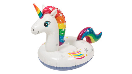 A unicorn float with a colorful rainbow mane A unicorn float with a colorful rainbow mane isolated on transparent background cut out © Ivan