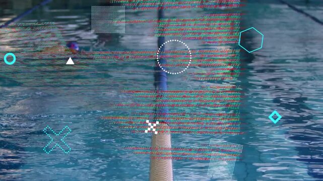 Female swimmers swimming laps by lane rope, HUD graphics fading over water and showing swim data