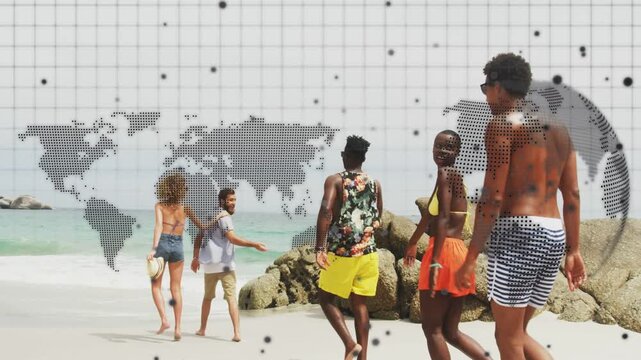Couple stepping toward sea leading group walking beach, map overlay moving above scene for travel