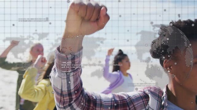 Lead woman guiding group rehearsing arm-raises on beach camera framing tech grid map overlay sync