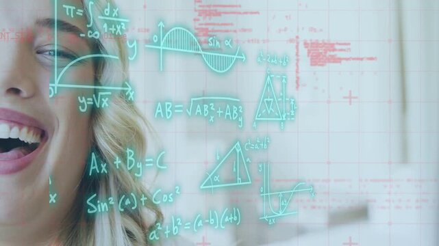 Woman smiling into laugh while semicircle drawing cyan STEM overlays at right illustrating math