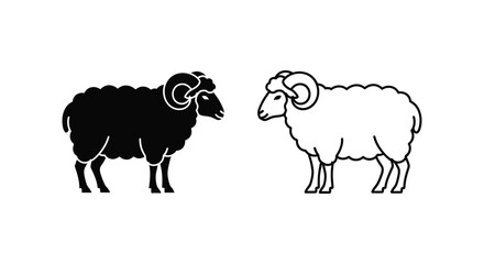 Obraz premium Minimalist ram sheep vector icons, black and white sheep silhouette and line art set, farm animal logo design elements for agriculture branding
