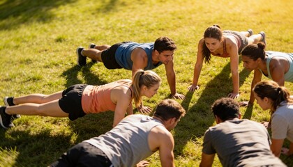 Fototapeta premium Holding plank and push-up positions eight adults on grassy lawn with athletic shoes and sportswear