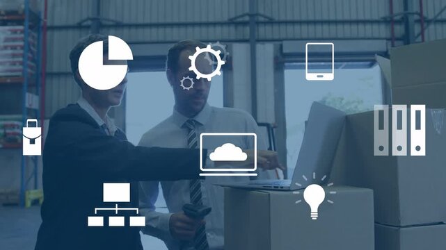 Vertical video: Woman pointing and man with scanner doing warehouse review, icons marking laptop