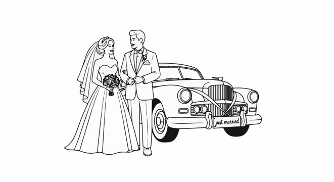 A bride and groom in wedding attire stand next to a vintage car