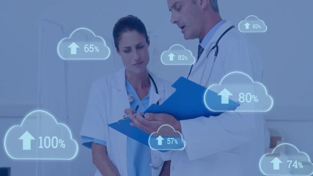 Vertical video: Doctor pointing at chart, cloud percents rising near 100% to show medical status