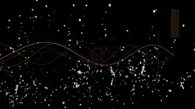 Pulse launching white fluid, breaking into droplets while waves moving and HUD shifting for tech