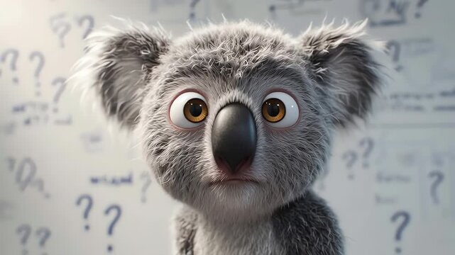 Confused Animated Koala with Question Marks Background