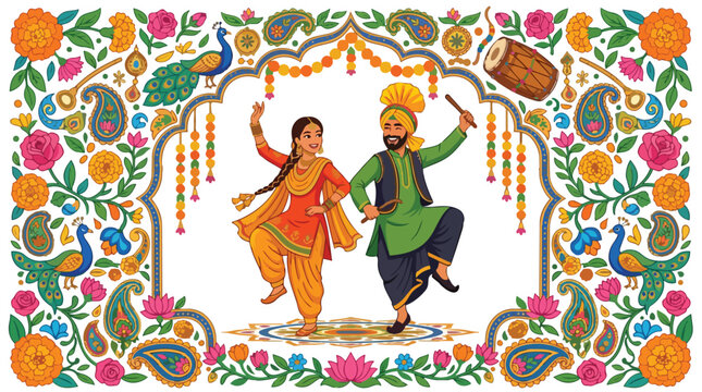 Vibrant Baisakhi celebration with a joyful Punjabi Sikh couple dancing Bhangra, adorned by traditional Indian floral and peacock motifs in a festive cultural illustration