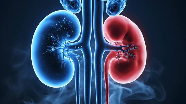 Human Kidneys Anatomy Illustration - Blue and Red Healthy and Diseased Organs