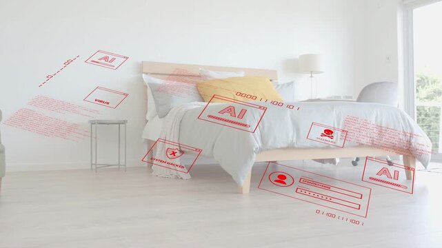 Vertical video: Bed with AI tech panels drifting across bedroom triggered by boot showing profiles