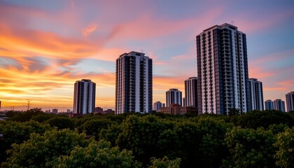 Fototapeta premium Sunset Over Modern Skyline and Lush Green Canopy