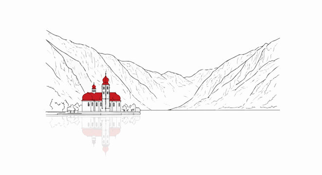 A charming red-domed building sits on the water's edge before majestic mountains