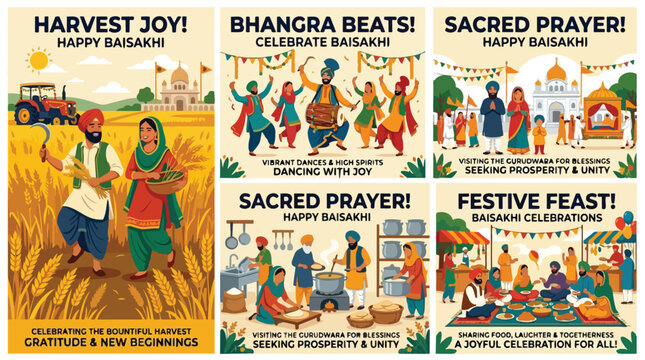 Vibrant Baisakhi celebrations depicting Punjabi culture and Sikh traditions with joyful harvest scenes, energetic Bhangra dance, sacred prayers at Gurdwara, and festive communal feasts