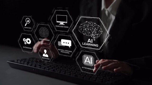 AI learning system involves deep learning, supervised machine learning, and natural language processing. AI learning diagram shows how AI advances learn in automation and data processing. Muxer