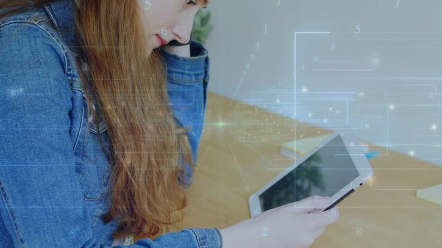 Vertical video: Woman holding tablet, tapping and scrolling, causing network overlay for tech study