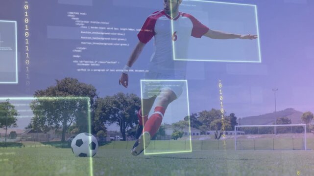 Soccer player approaching ball planting foot and kicking while HUD overlaying shot data for sports