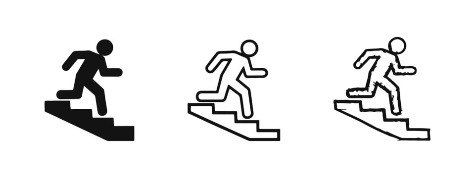 Fire escape stairs icon set with a figure running downwards in flat, outline, and hand-drawn sketch styles