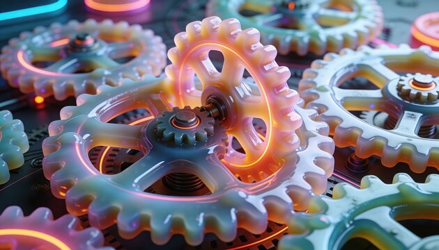 Highlighting central translucent gear meshing with metal pinion on dark circuit bed, neon-lit