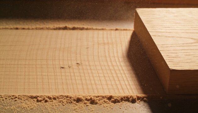 Showing planed hardwood plank with parallel tool marks on workbench, offcut block, sawdust