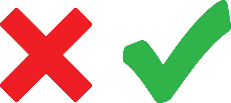 A red x mark and a green check mark representing the concept of right and wrong on white background Vector