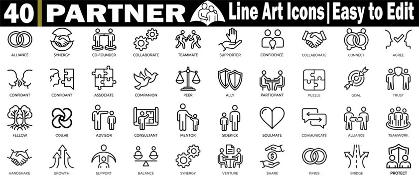 Partner line art icons. Collection including various interpersonal roles such as mentor, advisor, sidekick, and teammate for a diverse organizational structure. vector illustration.