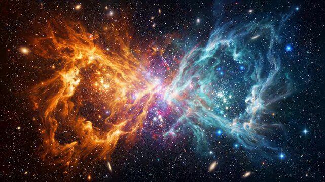Stunning cosmic duality with fiery orange and icy blue nebulae converging in space, symbolizing balance, energy, and the universe's contrast