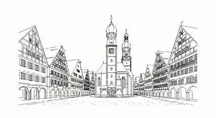 Fototapeta premium A black and white sketch of an old European town square with a church and timber-framed buildings