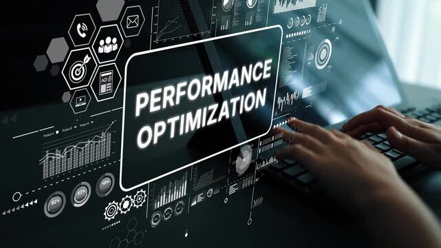 Performance Optimization Presentation with Digital Graphs and Analytics Data on Computer Screen. Asymptotic smart data analytic.