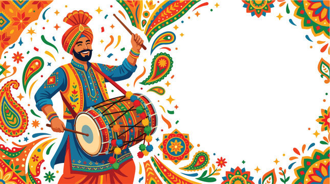 Joyful Punjabi man playing dhol drum in vibrant folk art style for Baisakhi festival celebration with traditional patterns and copy space