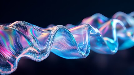 Obraz premium A swirling soap bubble reflects light, showing colorful hues against a dark background, creating a mesmerizing effect