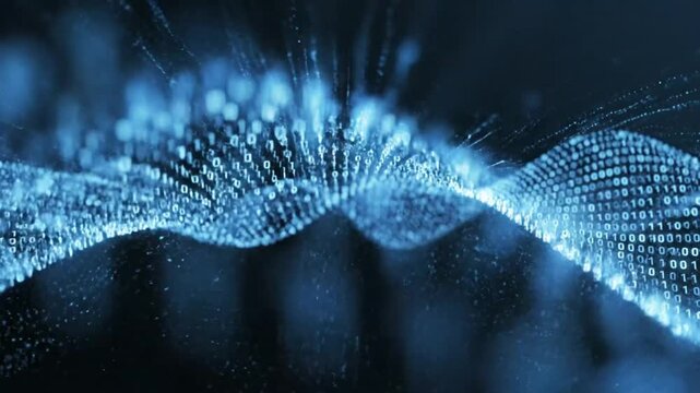 Abstract data wave of binary numbers flowing dynamically in digital space against black background